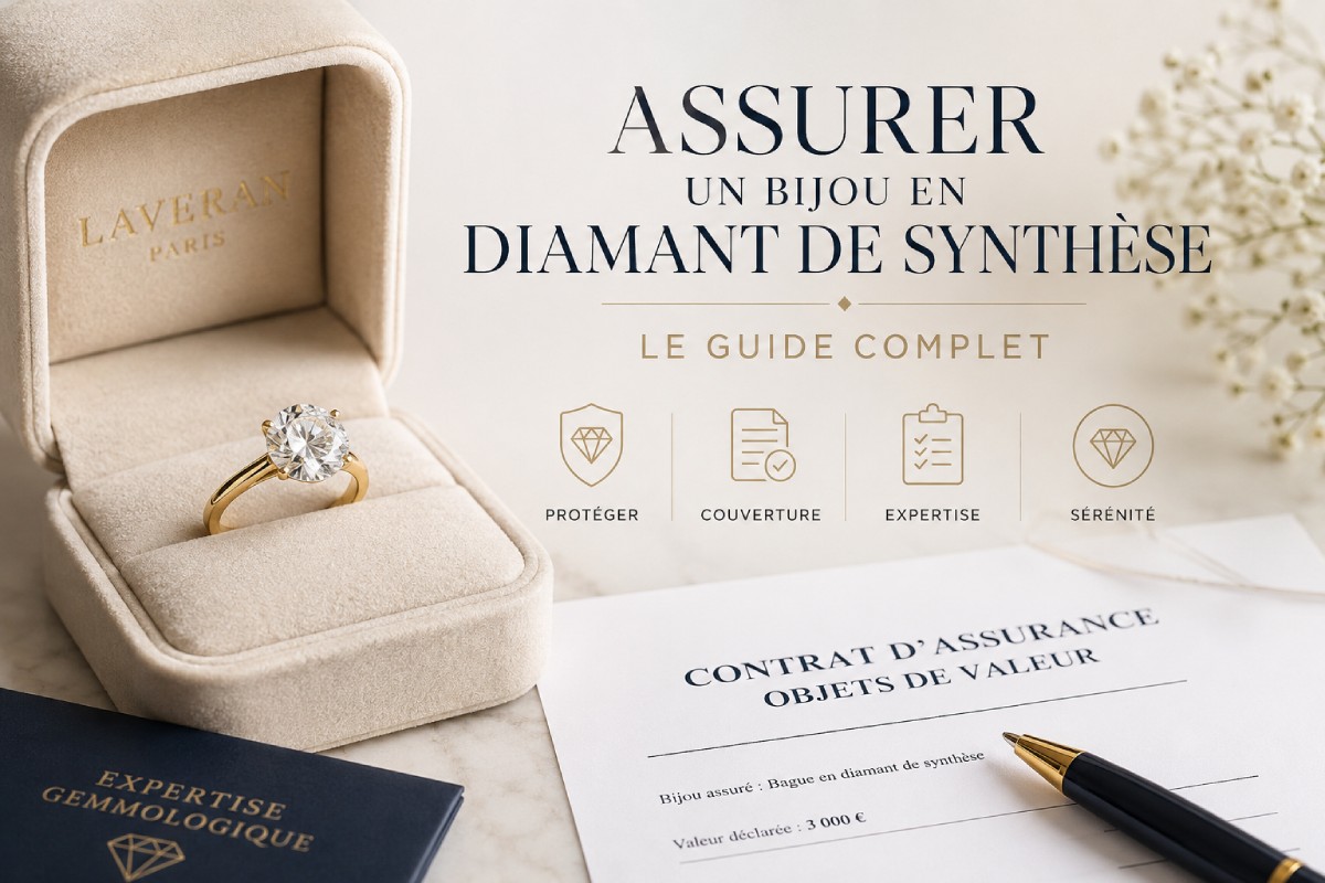 Bague en diamant de synthèse accompagnée d'un contrat d'assurance et d'un certificat d'expertise illustrant le guide complet Laveran Paris pour assurer un bijou en diamant de laboratoire.